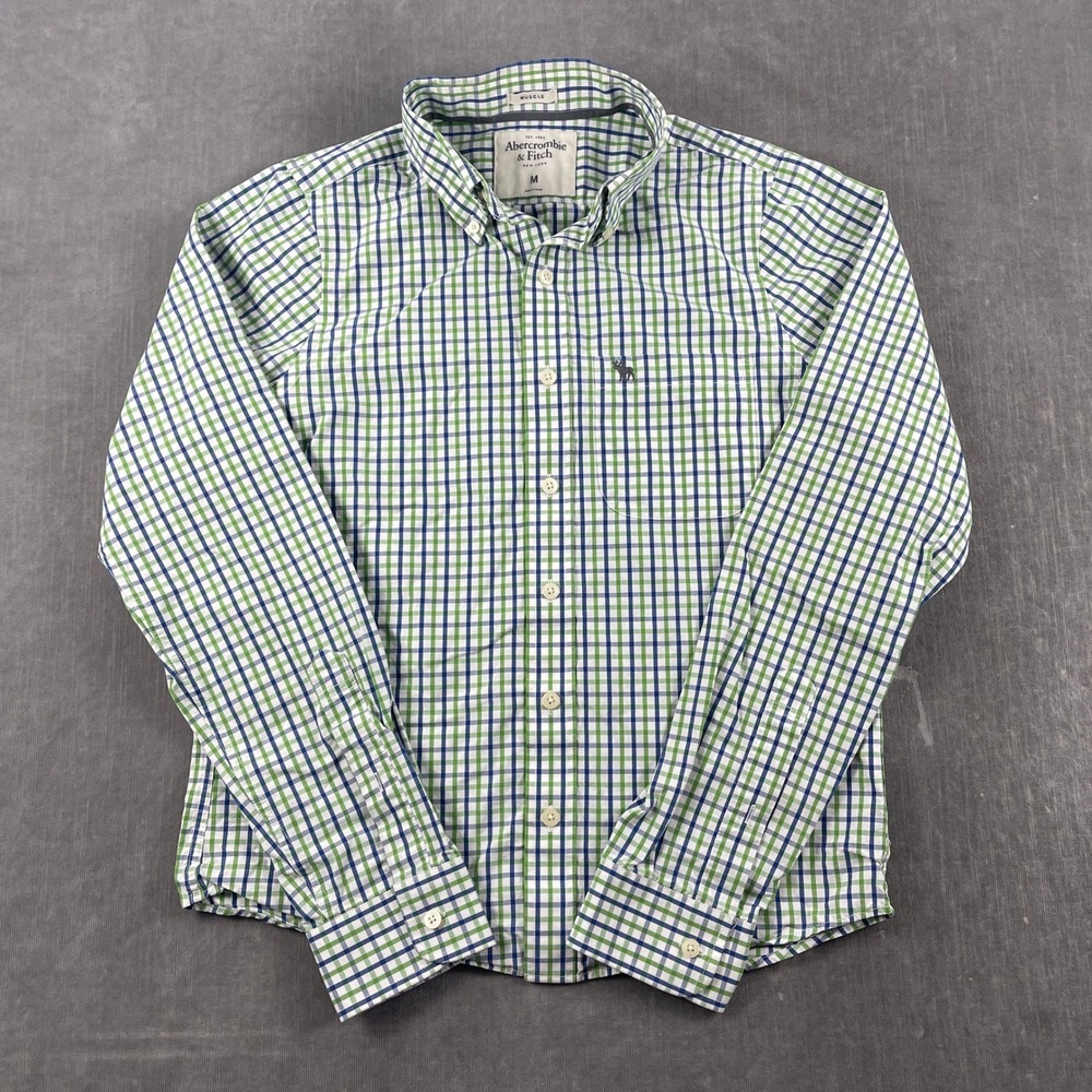 Abercrombie & Fitch Mens M Green Blue Plaid Button Down Shirt Muscle Fit